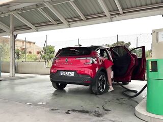 Vacuuming My Car in a Micro Petticoat with a Booty Plug Tail in Public no pants