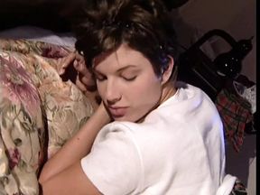 Stud with tattoos gets to fuck a young short haired babe in her bed