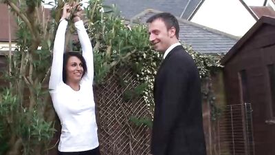 Brunette MILF is handcuffed and fucked through her ripped Yoga pants