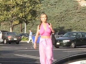 Busty slut strips then sucks and takes dude&#039;s massive dick on couch