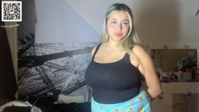 Cute American teen with huge tits tries on tops for your cum