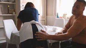 Impudent man fucks an emigrant maid in the kitchen while his wife is at work